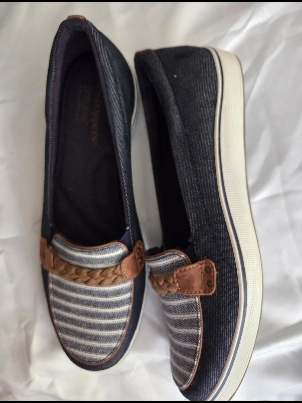 Grasshoppers Navy Stripe Flats with Tan Braided Trim
